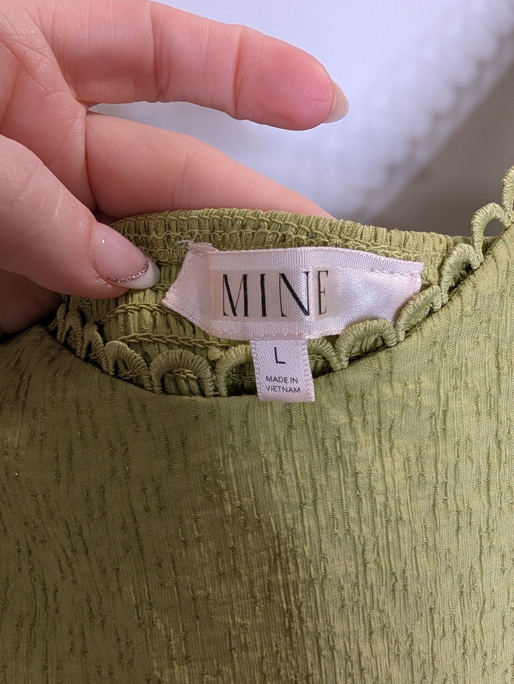MINE Olive Green Tie Shoulder Boho Midi Dress | Textured Flowy L - Picture 4 of 7